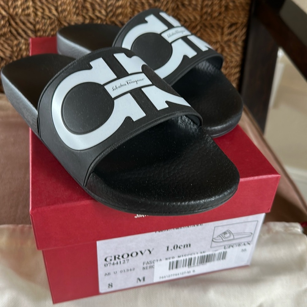 Ferragamo slides with box & shoe bag